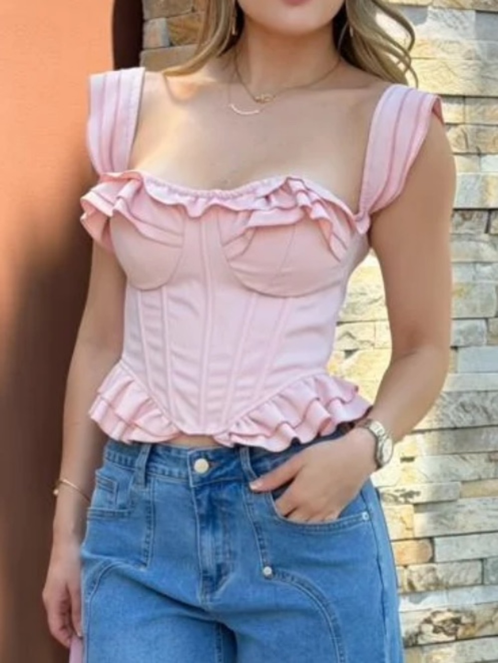 Boutique Muy Muy Pink Ruffle Corset Bustier Top Size S